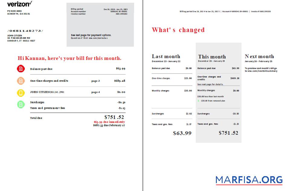 Realistic USA Verizon utility bill template in Word and PDF formats, 2 pages